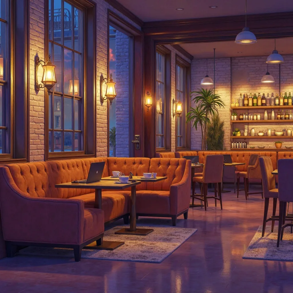 Stylized in-game background: coffee shop at evening, Dong Dynasty